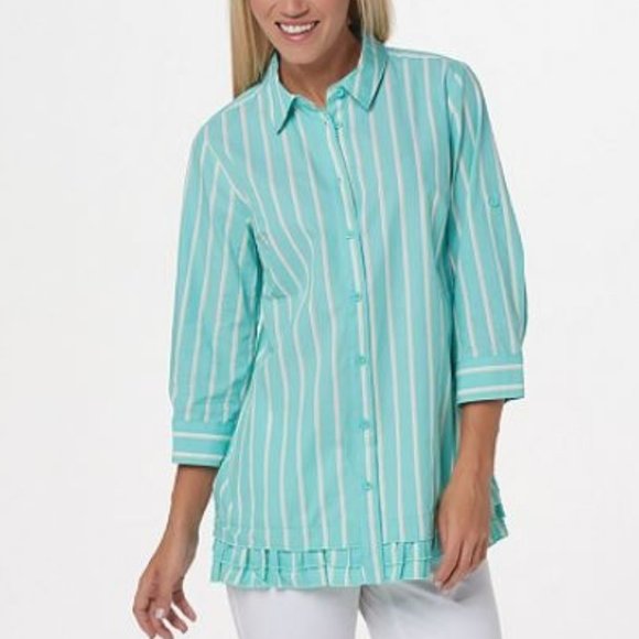 Joan Rivers Tops - Joan Rivers 3/4-Sleeve Striped Shirt w/ Ruffle Hem